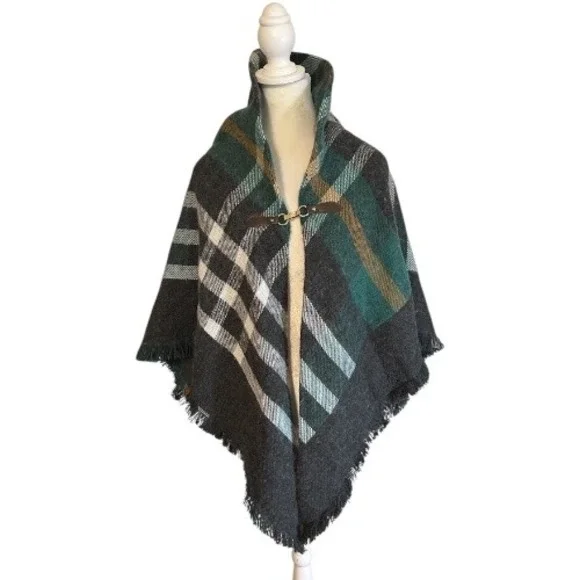 Modena Plaid Cape Poncho Scarf Shawl Women Green Brown Tan Buckle Closure Fringe - Picture 2 of 11